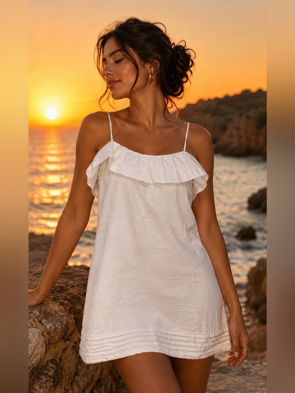 LOFT Ann Taylor White Linen Ruffle Dress Size 14 | Cottagecore Coastal Summer